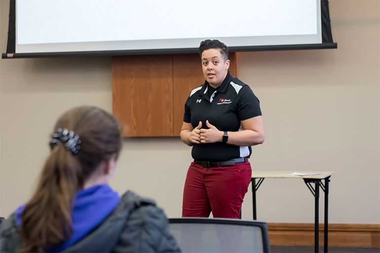Landron speaking to UW-Madison students about Badgers ADAPT.