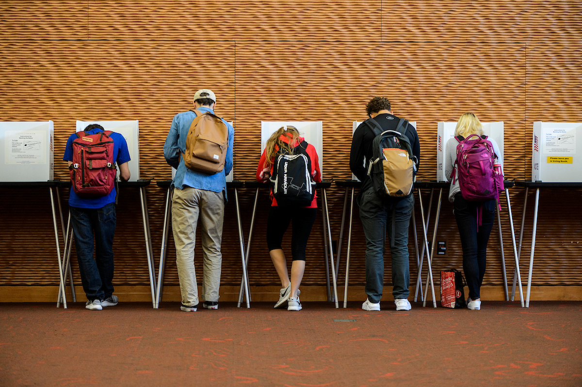 On Nov. 8, 2016, people fill out election ballots and register their votes at the Gordon Dining and Event Center at the University of Wisconsin-Madison, one of several official polling places for UW-Madison students living on campus. Voters will choose the next U.S. president as well as candidates for other federal, state and local offices. (Photo by Jeff Miller/UW-Madison)