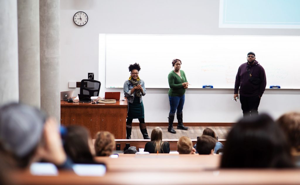 Bianca Baldridge, assistant professor in education policy studies at the University of Wisconsin-Madison, lectures to students during her Education Policy 210: Youth, Education and Society class in the Education Building.