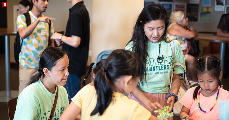Badger Volunteer Grace Hawkins (left) and Nan Nonguang (right) piecing together a puzzle with kids from Madison International Partnerships, an organization that strives to make their community more welcoming to international residents. 