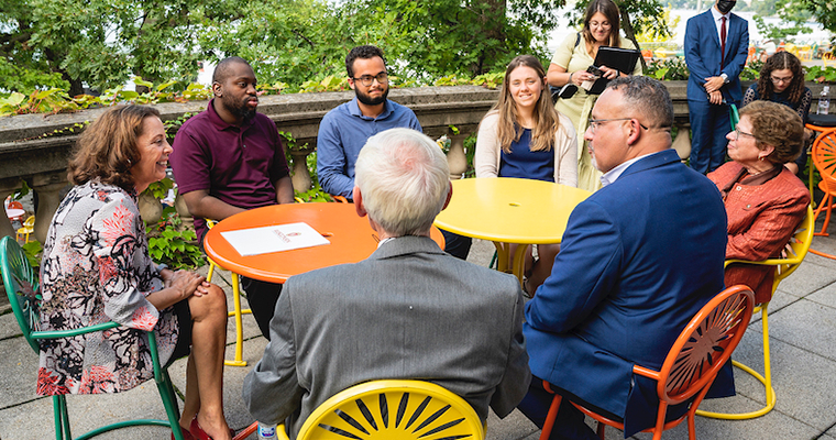 School of Education Dean Diana Hess (left-to-right), Bo Bocker, David Tejada, and Catherine Arneson meet with U.S. Secretary of Education Miguel Cardona on Sept. 20 at the Memorial Union. Also joining the table was Gov. Tony Evers and Chancellor Rebecca Blank. (Photo by Bryce Richter / UW-Madison)