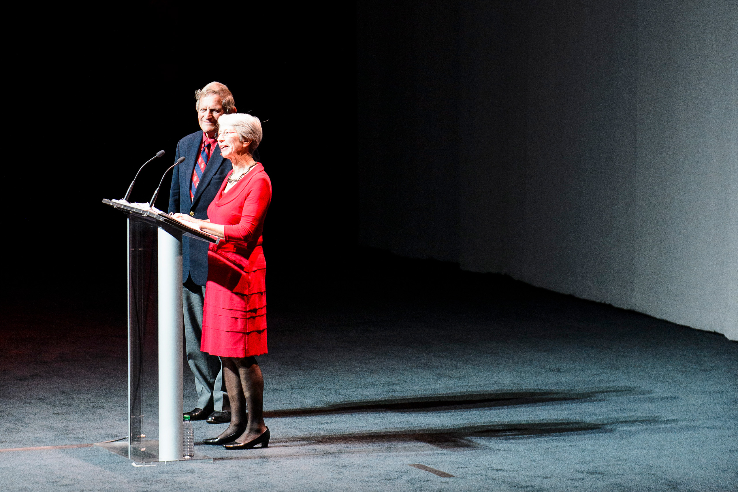 Philanthropists John and Tashia Morgridge speak to more than 800 University of Wisconsin alumni, friends and representatives gathered for the official launch of a major capital campaign during an event held at the Kohl Center on Oct. 15, 2015. Led by the University of Wisconsin Foundation, All Ways Forward is the fourth comprehensive fundraising campaign in the 167-year history of UW-Madison, and its largest -- with a goal of raising $3.2 billion by the end of the decade. (Photo by Jeff Miller/UW-Madison)